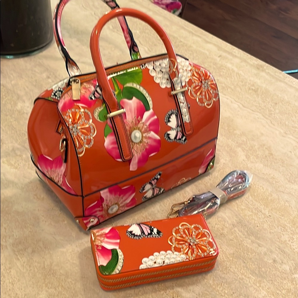 Orange Artistic Print Satchel with Gold  Hardware
